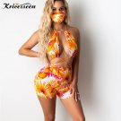 Kricesseen Fashion Green Palm Print Shorts Set With Masks Womens (IROCKBAGS.COM)