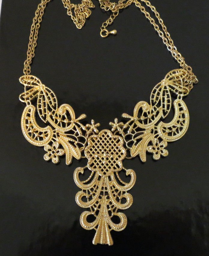 Goldtone Filigree Lace Look Bib Necklace 18