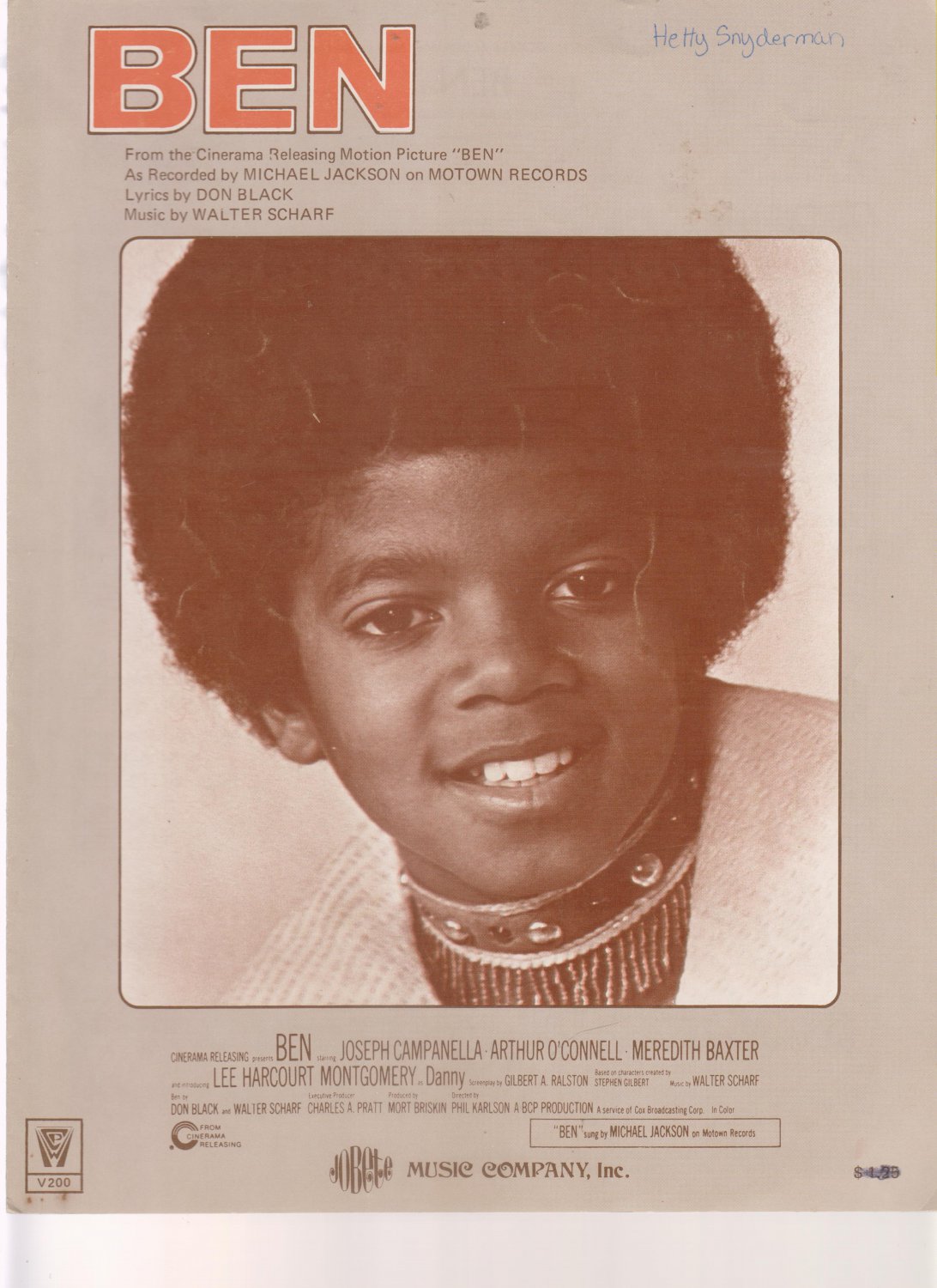 MICHAEL JACKSON, "BEN" SHEET MUSIC,