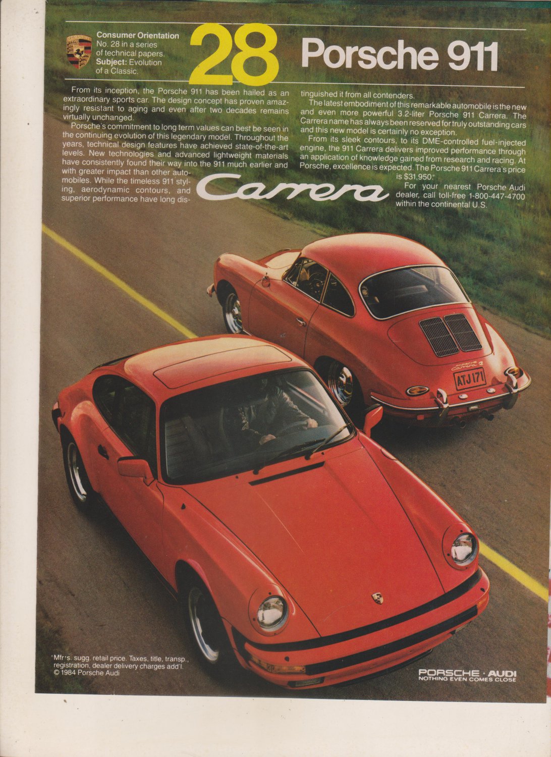 ORIGINAL 1984 VINTAGE MAGAZINE Print ADVERTISEMENT for the PORSCHE 911 Carrera Sports Car!