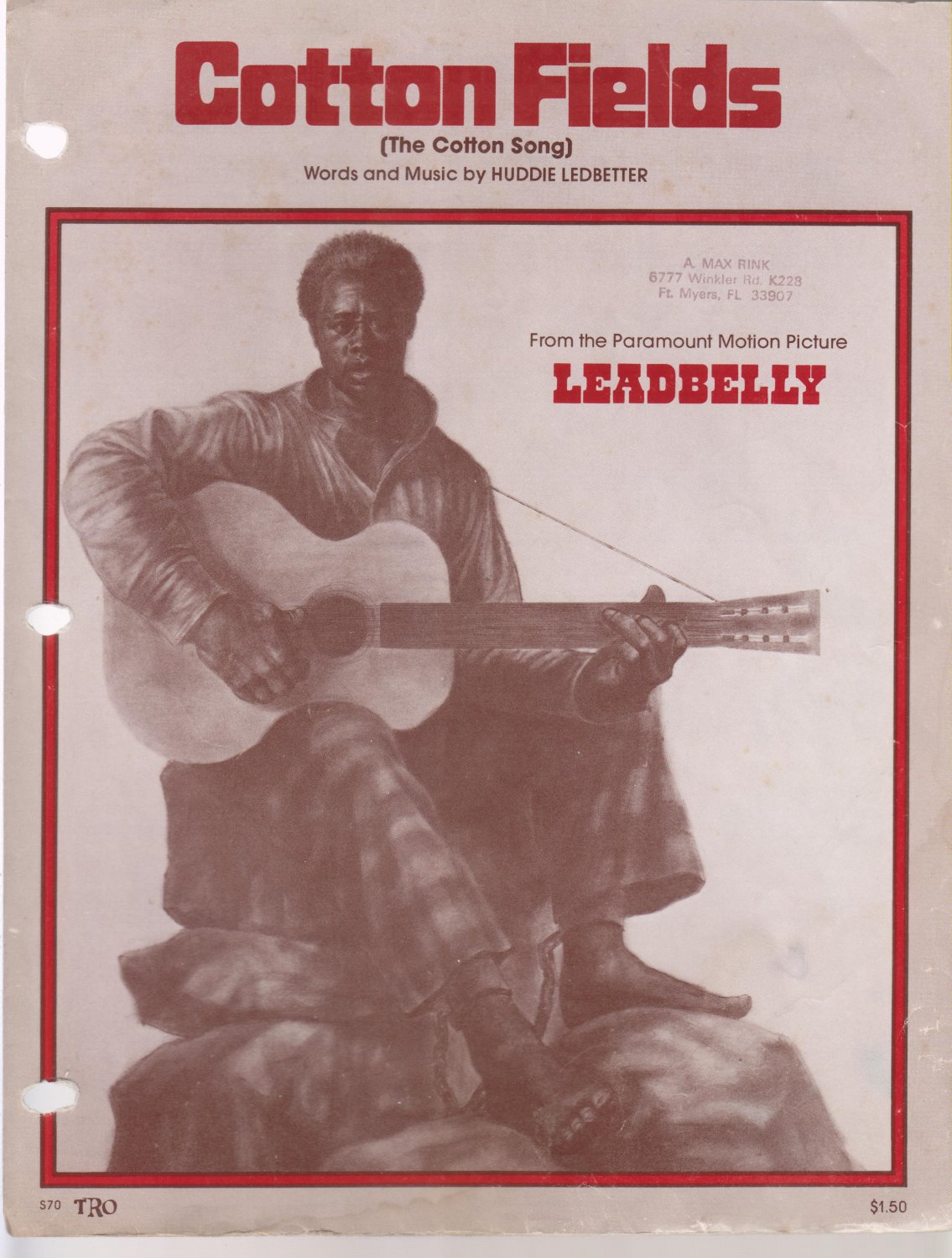FILM SHEET Vintage MUSIC Cotton Fields LEADBELLY Huddie Ledbetter BLUES