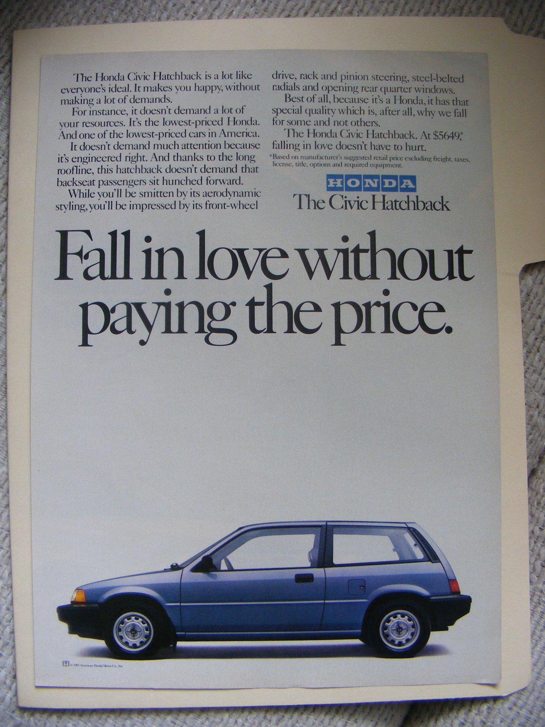 1985 Honda Civic Hatchback vintage magazine ad