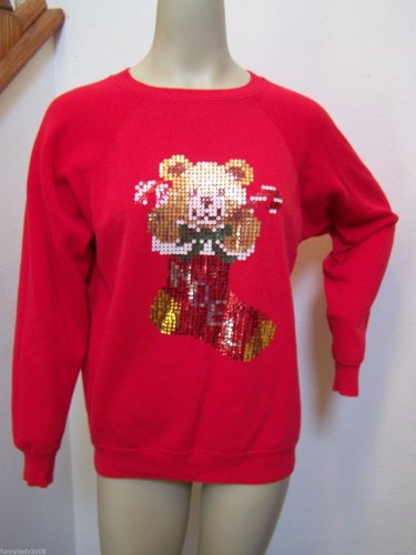 Sequin Teddy Bear Stocking NOEL Ugly Christmas Sweatshirt Large Free Tulsa Pick up