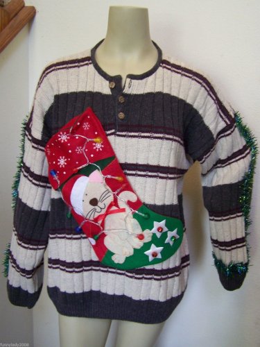 LED Lights Cat Stocking Ugly Christmas Sweater Mens XL Tacky Crazy Kitten