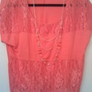 Papaya coral lace and knit blouse with matching necklace, size L