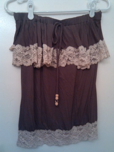 Hello Miss brown strapless blouse with ivory lace, size L