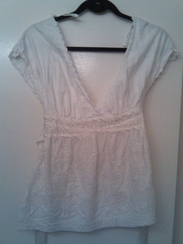 Bebe white embroidered eyelet blouse with silk ribbon, size M