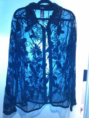 White Chocolate black mesh button blouse with embroidery, size L