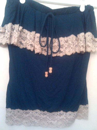 Hello Miss teal strapless blouse with ivory lace, size L