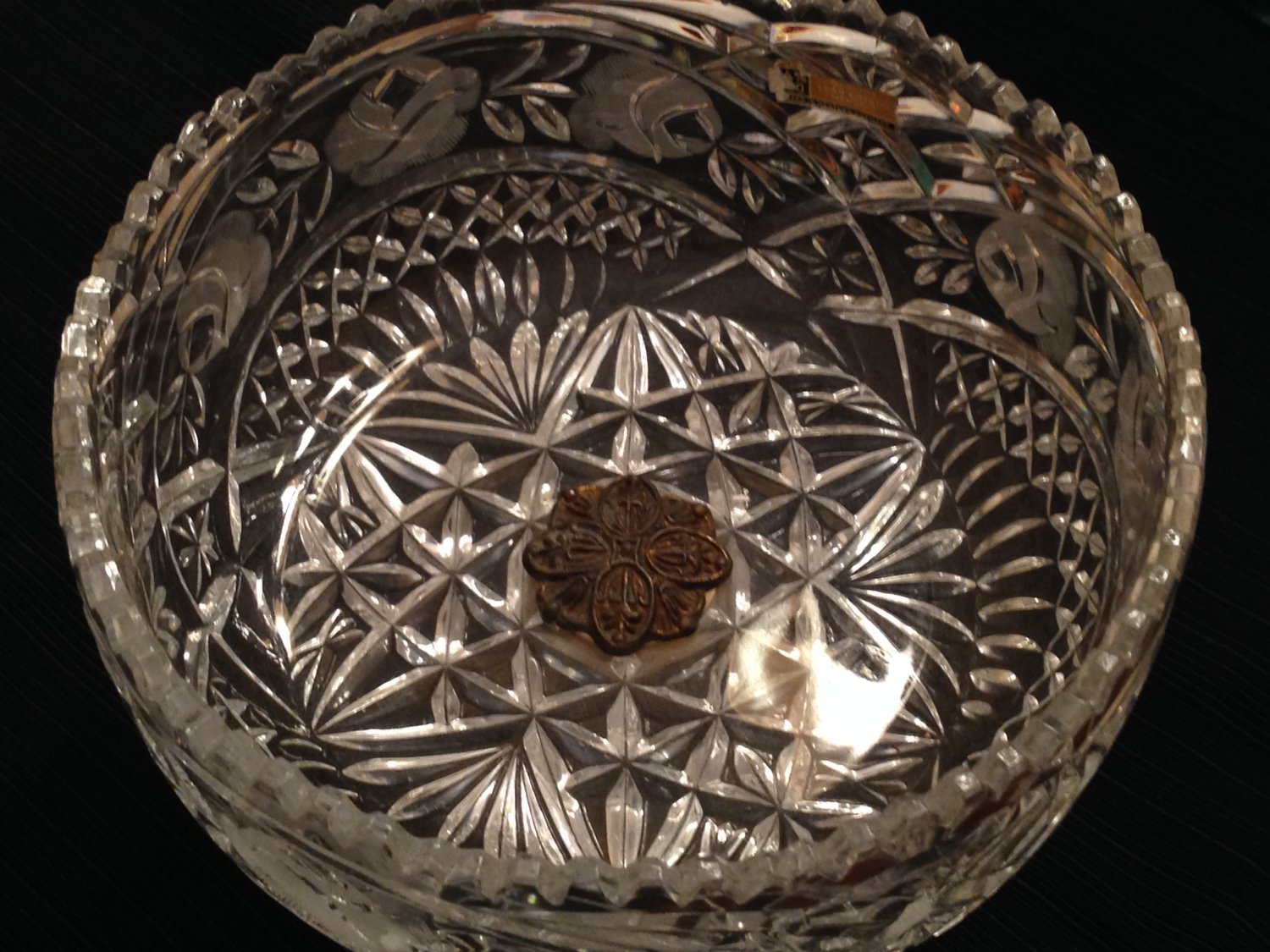 Vintage heavy crystal glass bowl with brass pedestal