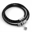 B010 - Silver Charm Black Leather Wrap Bracelet Magnet Clasp European Style