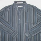 PERRY ELLIS Black Gray Blue Striped Shirt 3/4 Button Front Size Large EUC