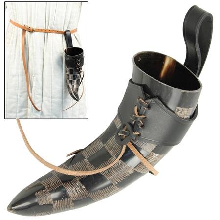 Medieval Norwegian itched Viking drinking horn with leather frog for beer wine mead pagan Larp