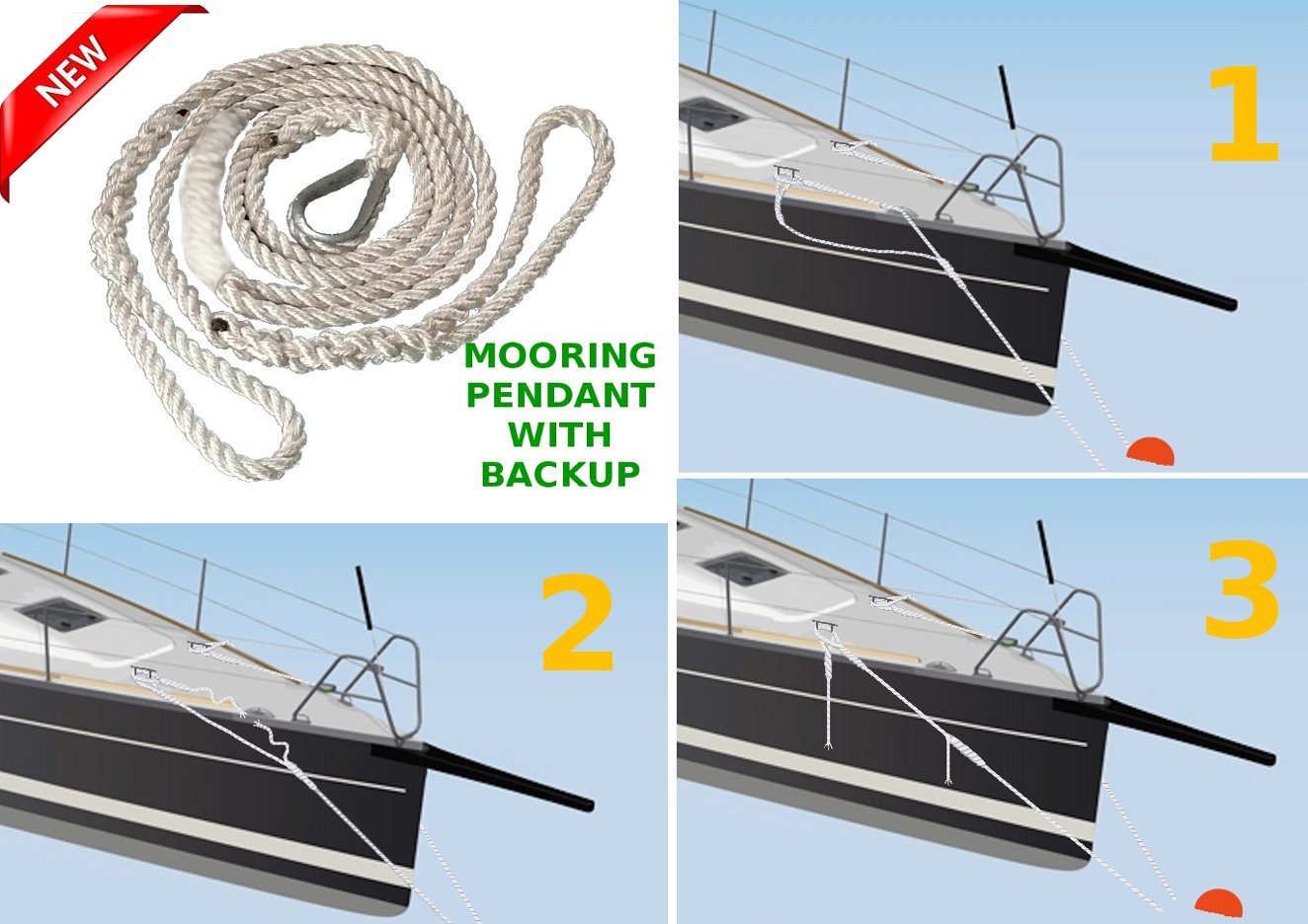 NEW Driftproof Mooring Pendant Line. 3 Strand Nylon Rope with Thimble ...