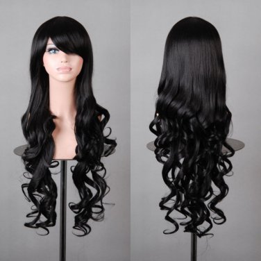 32" 80cm Long Hair Heat Resistant Spiral Curly Cosplay Wig (Black)