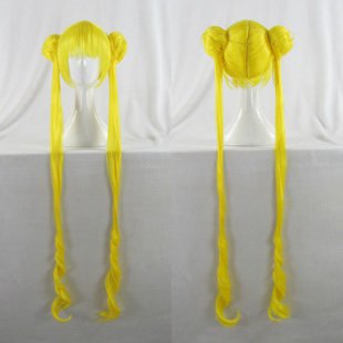 Hot Sell High Quality 100cm Cute Lemon yellow Curly Wavy Women Cosplay Sailor Moon Wig+Two Pigtails