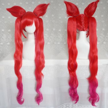 LOL Star Guardian Skins Jinx cosplay the Loose Cannon Red Long  Wig with double Ponytail and ear