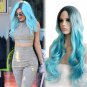 Women's wigs Victoria Beckham star style blue long straight wigs with a little biack