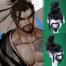 Overwatch ow Shimada Hanzo cosplay wig anime Party black Slicked-back hair wigs with whiskers