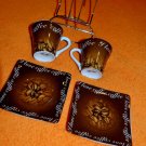 2 COFFEE CUP + 2 SAUCERS SET WITH METAL RACK BRAND NEW IN BOX GREAT GIFT ITEM