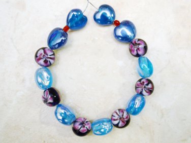 Hearts and Flowers Handmade Infused Lampwork 12-15mm (Set of 15) Glass Beads A6