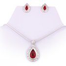 Red & Silver w/Crystals Teardrop Necklace and Earrings Set