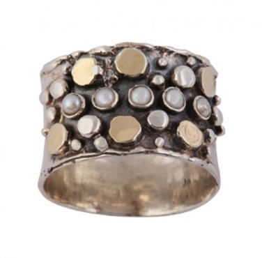 Handmade 925 sterling silver gold white pearl solid ring size sz 6 7 8 9 R487