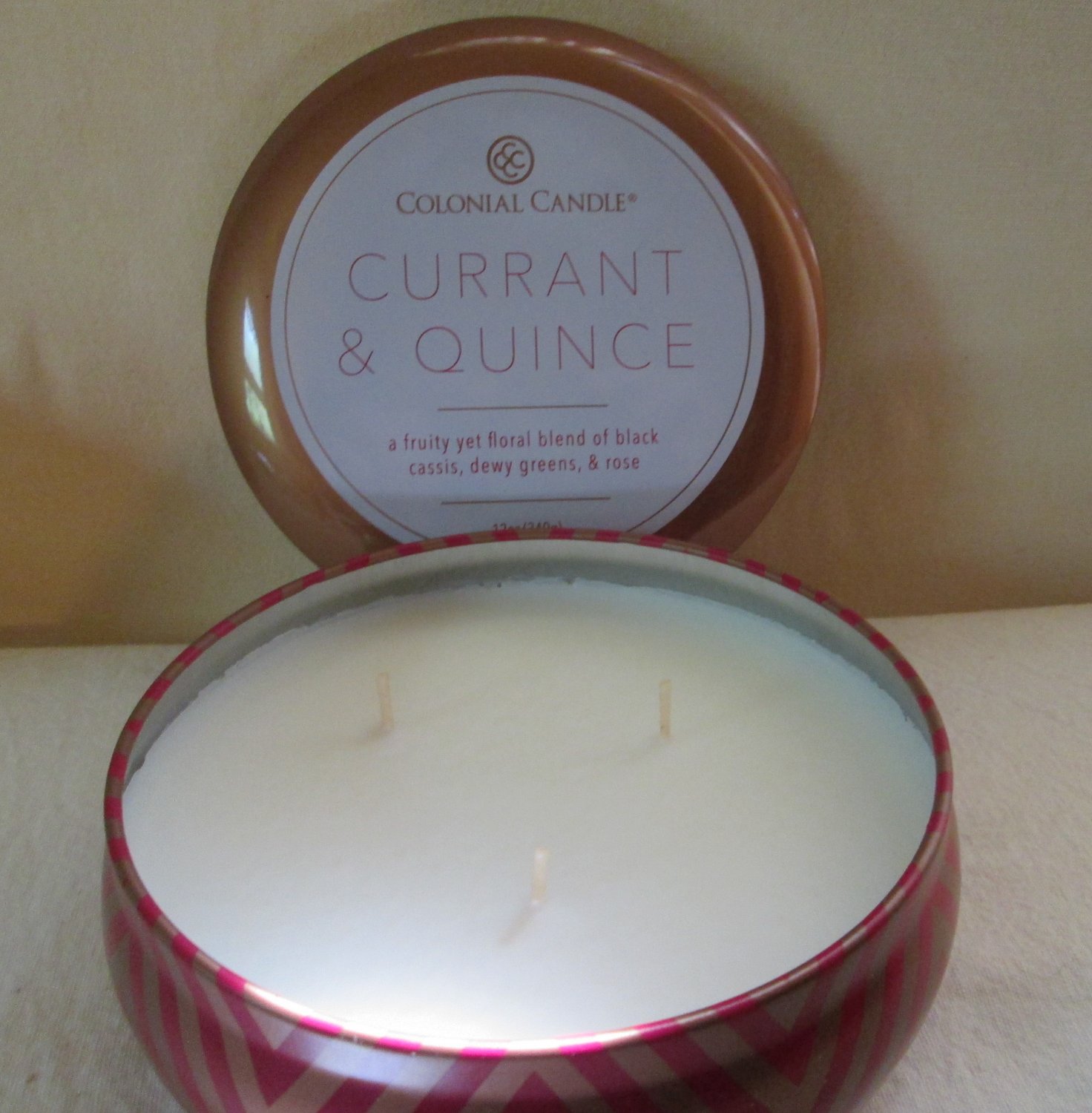 CCCC Colonial Candle Scented CURRANT & QUINCE Tin 12 oz Soy Blend