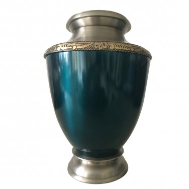 Blue Antique Engraved Border Adult Funeral Urn