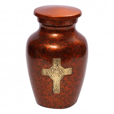 Perfect Golden Cross Engraved Brown Small Keepsake Urn Ashes, Funeral Brass Urns