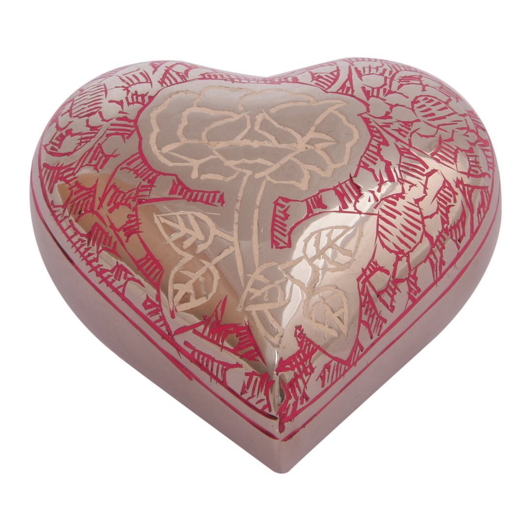 Silver Rose Engraved Pink Small Heart Cremation Urn Ashes, Flower Heart