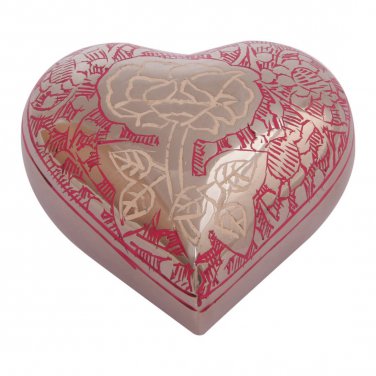 Silver Rose Engraved Pink Small Heart Cremation Urn Ashes, Flower Heart Urns