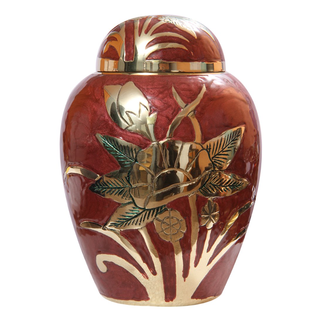 Gold Flower Embossed Pink Medium 7" Memorial Brass Urn, Cremation Urn Ashes