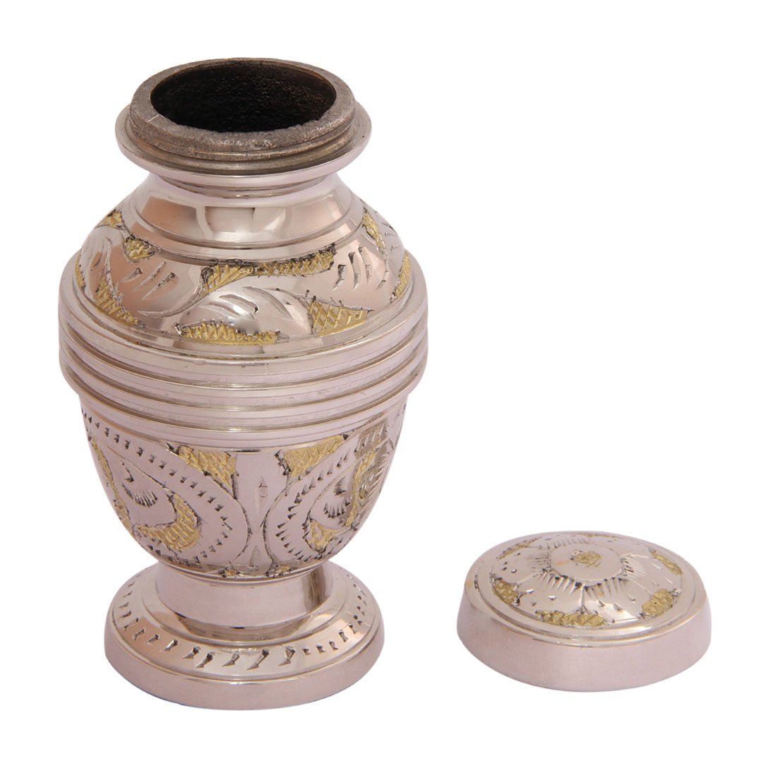Silver Flower Engraved Golden Keepsake Urn, Small Cremation Urns Ashes