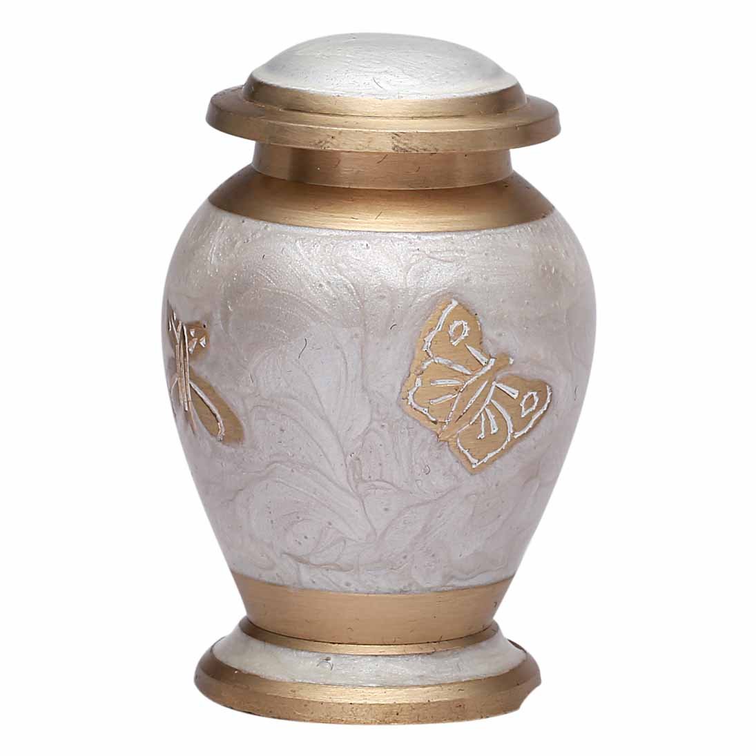 Mini Butterflies Pearl White Keepsake Urn for Ashes, Brass Cremation