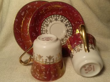 Vintage Czech JSK Hand Painted Tea Cup Saucer Set Burgundy Red and Gold Bone China