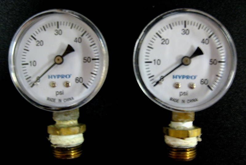 Used 2 HYPRO pressure gauges 060 psi 1/4" NPT w/Removable 3/8 NPT
