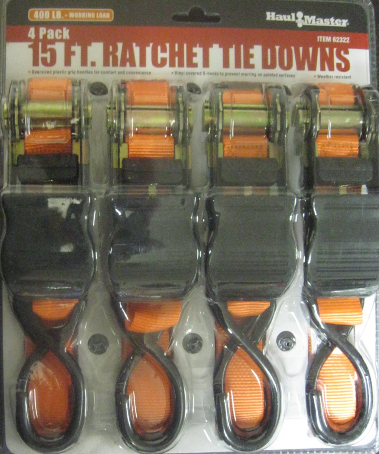 Haul Master 400 lb Capacity 1" x 15' Ratcheting Tie Downs 4 Pc