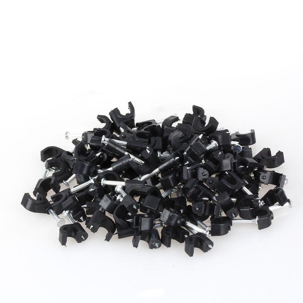 100 PCS Cable Clips Wire Wall Hanging RG6 RG59 Black 1" Nail Clamps