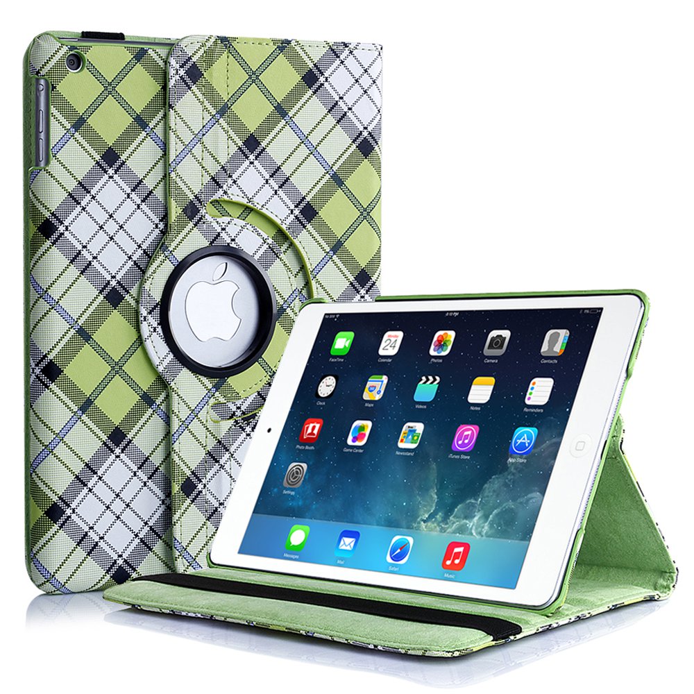 New Plaid-Green iPad Air 5 4 3 2 & iPad Mini PU Leather Case Smart Cover Stand