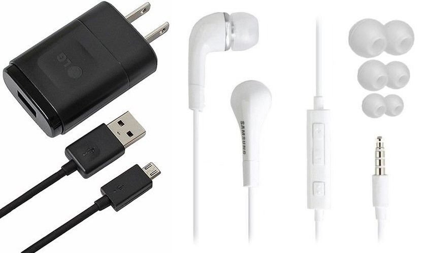 LG Charger With Micro USB Cable White Stereo Headset Earphone Samsung Galaxy S3