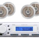 Pyle White Color Marine Boat In Dash MP3 AUX USB Stereo Player 4 Silver Speakers