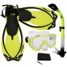 New Panoramic Snorkeling Diving Dry Snorkel Silicone Mask Fins Flippers Bag Gear Set Yellow