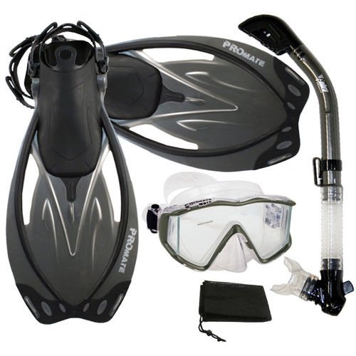 New Panoramic Snorkeling Diving Dry Snorkel Silicone Mask Fins Flippers Bag Gear Set Titanium