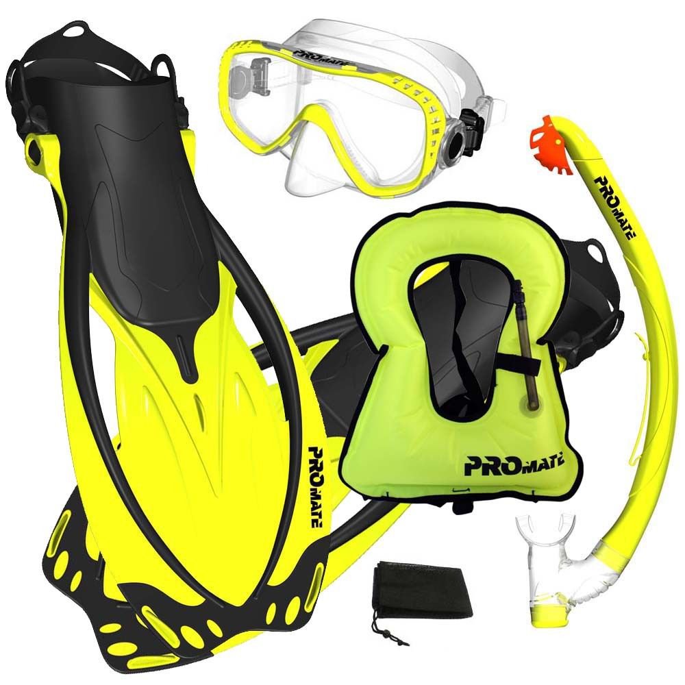 PROMATE Snorkeling Mask Dry Snorkel Fins Gear Set With Snorkel Vest Jacket Yellow