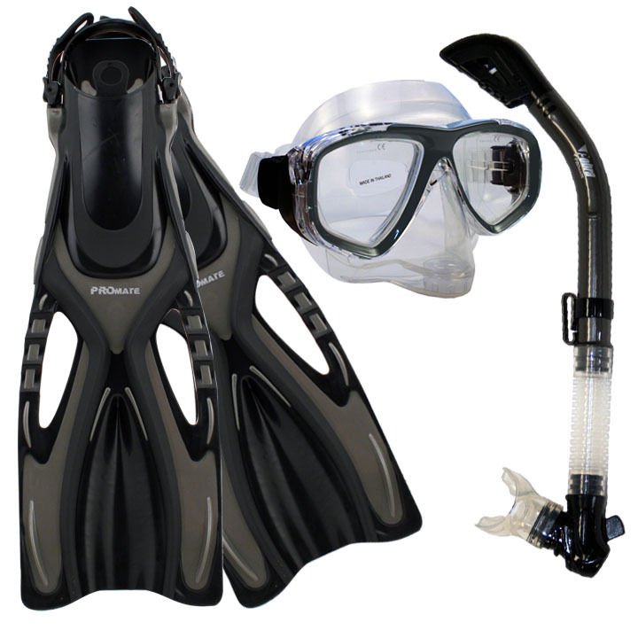 Dive Snorkeling Purge Mask Dry Snorkel Fins Gear Set Black