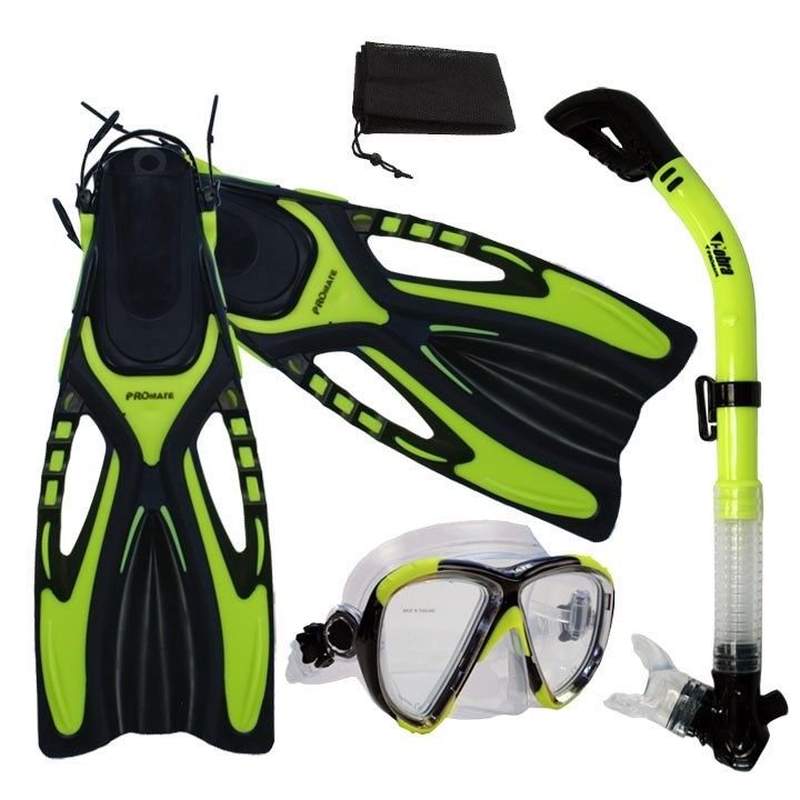 Adult Snorkeling Dive Mask Dry Snorkel Fins Gear Set Yellow