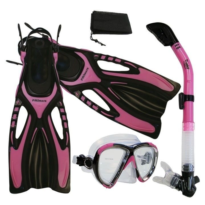 Adult Snorkeling Dive Mask Dry Snorkel Fins Gear Set Pink