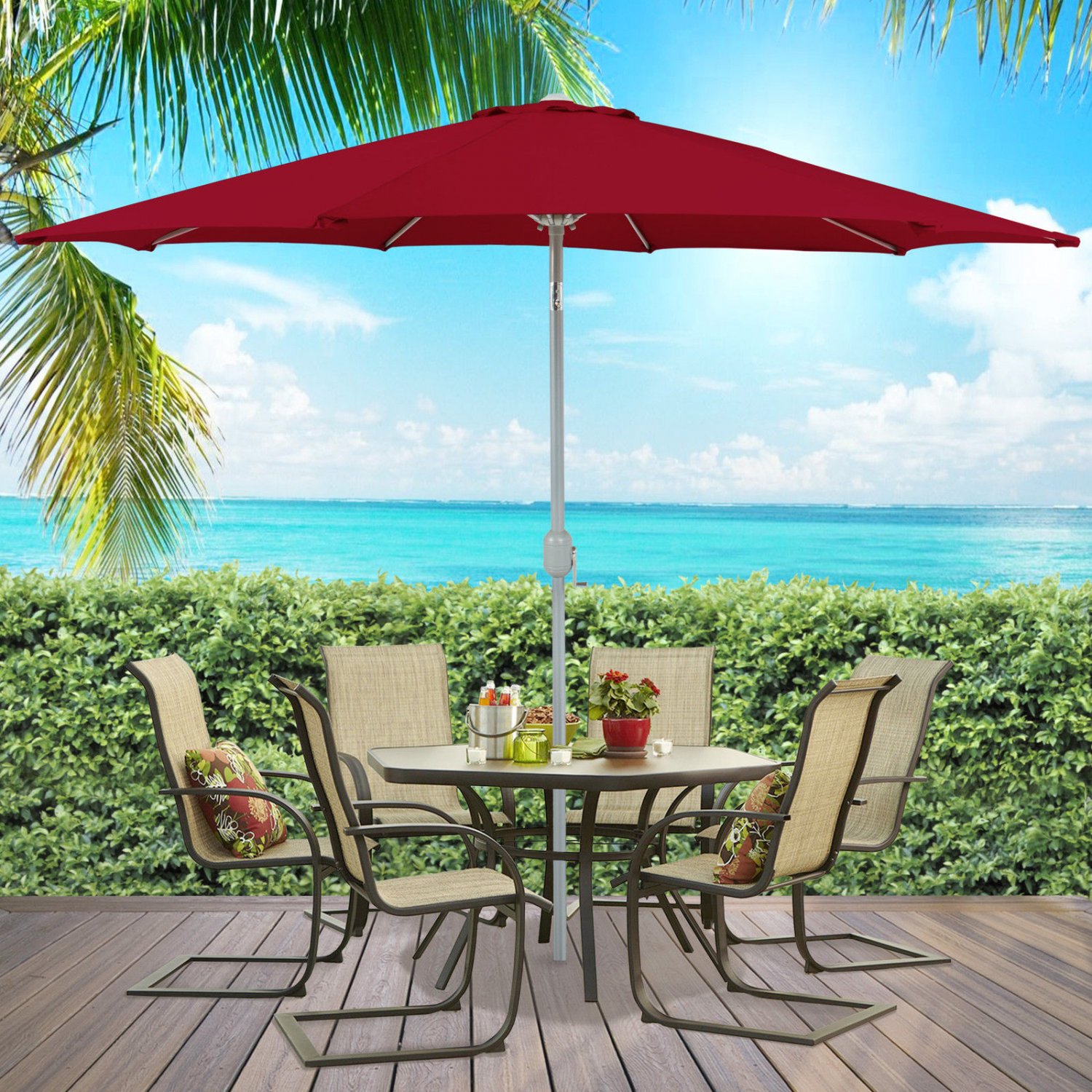 Patio Umbrella 9' Aluminum Patio Market Umbrella Tilt W/ Crank Outdoor Red