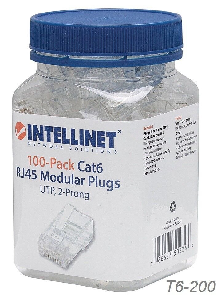 100-Pack Intellinet Cat6 RJ45 UTP Standard Modular Plugs, in a jar, T6-200